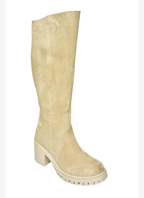 R654047702 Bej Hakiki Deri Süet Kalın Topuklu Kadın Çizme - Görsel 7