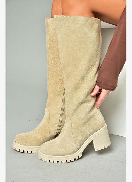 R654047702 Bej Hakiki Deri Süet Kalın Topuklu Kadın Çizme - Görsel 3