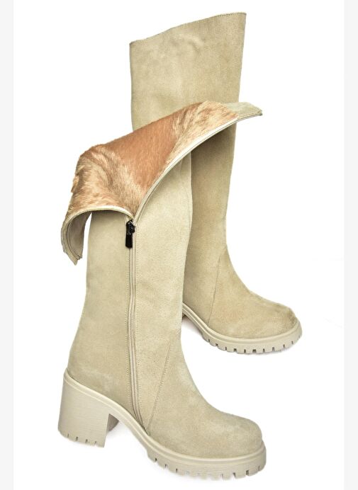 R654047702 Bej Hakiki Deri Süet Kalın Topuklu Kadın Çizme - Görsel 9