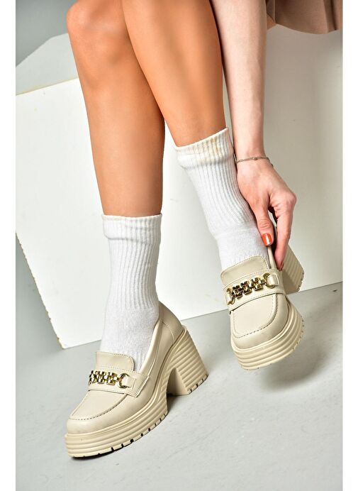 R996056009 Bej Kalın Topuklu Kadın Ayakkabı - Görsel 3