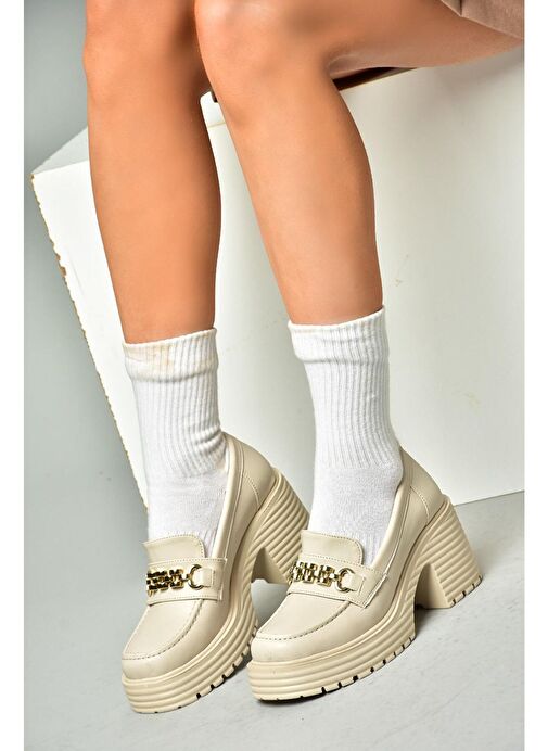 R996056009 Bej Kalın Topuklu Kadın Ayakkabı - Görsel 4