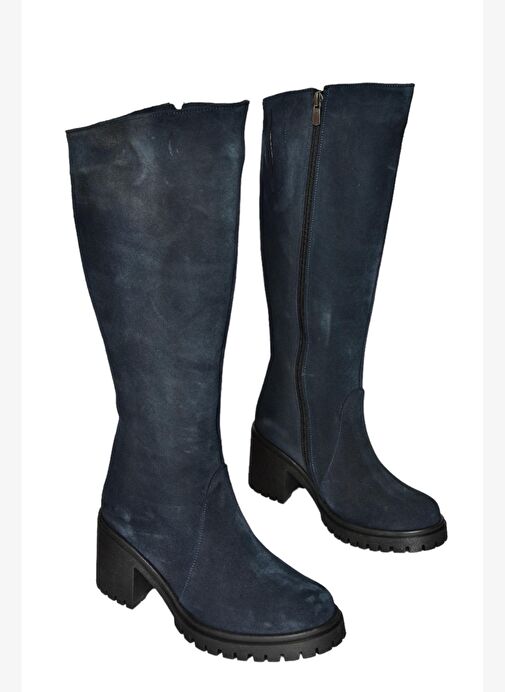 R654047702 Lacivert Hakiki Deri Süet Kalın Topuklu Kadın Çizme - Görsel 9