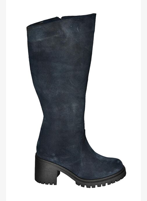 R654047702 Lacivert Hakiki Deri Süet Kalın Topuklu Kadın Çizme - Görsel 8