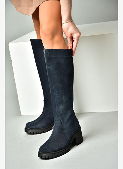R654047702 Lacivert Hakiki Deri Süet Kalın Topuklu Kadın Çizme - Görsel 4