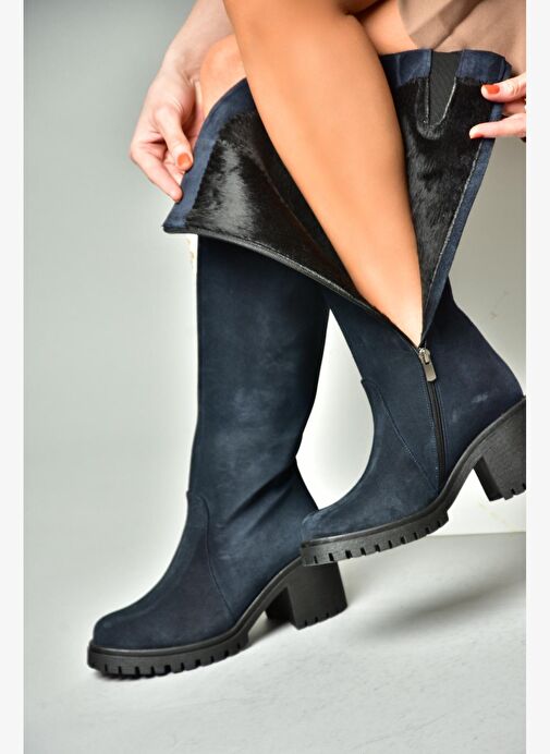 R654047702 Lacivert Hakiki Deri Süet Kalın Topuklu Kadın Çizme - Görsel 2