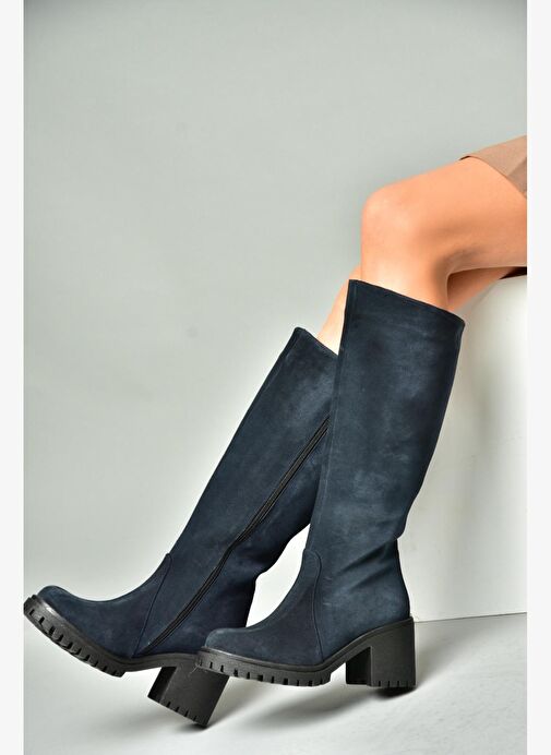 R654047702 Lacivert Hakiki Deri Süet Kalın Topuklu Kadın Çizme - Görsel 3