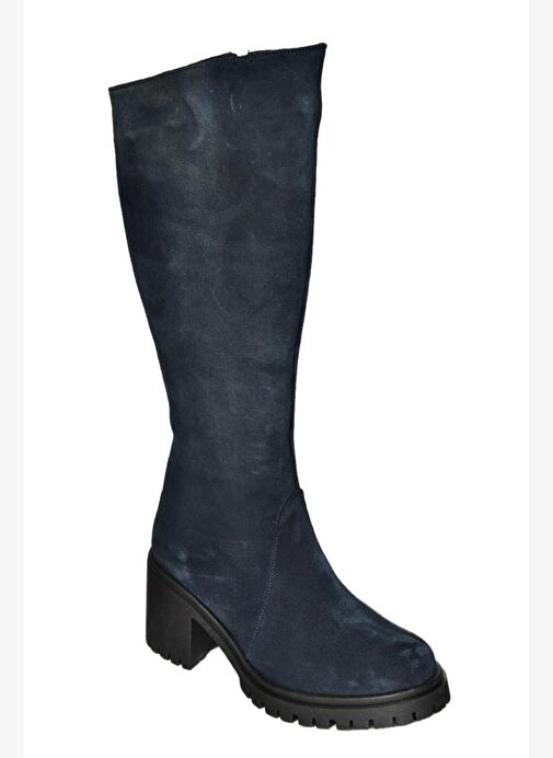 R654047702 Lacivert Hakiki Deri Süet Kalın Topuklu Kadın Çizme - Görsel 7