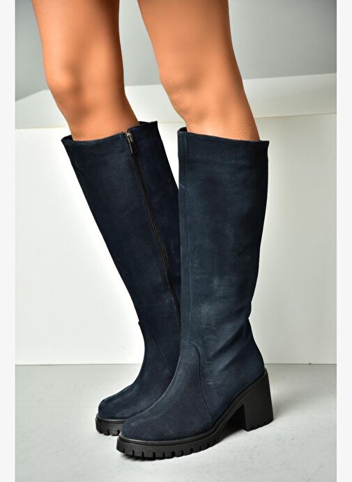 R654047702 Lacivert Hakiki Deri Süet Kalın Topuklu Kadın Çizme - Görsel 6