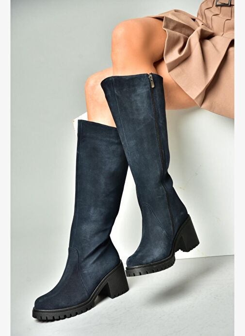 R654047702 Lacivert Hakiki Deri Süet Kalın Topuklu Kadın Çizme - Görsel 5