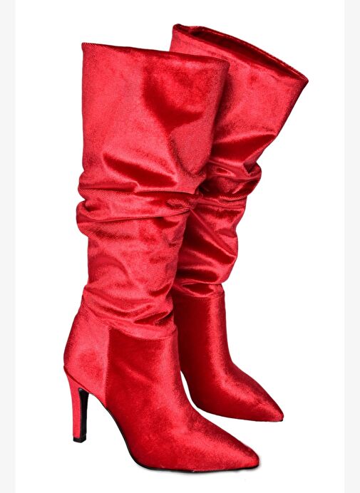 L404868039 Bordo Kadife İnce Topuklu Kadın Çizme - Görsel 8