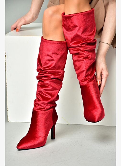 L404868039 Bordo Kadife İnce Topuklu Kadın Çizme - Görsel 4