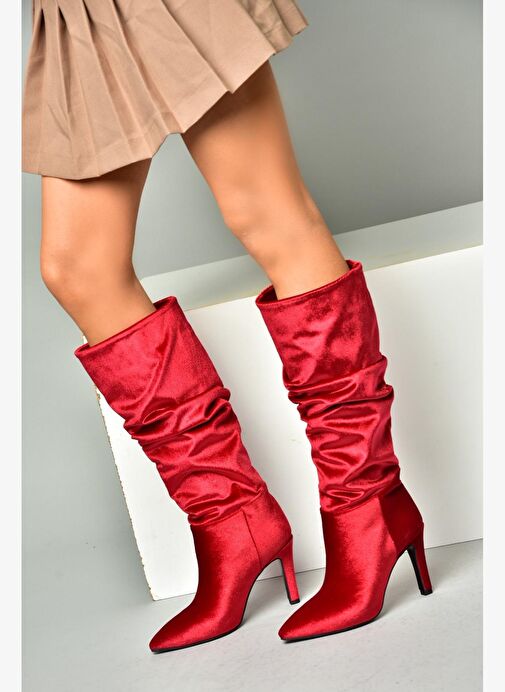 L404868039 Bordo Kadife İnce Topuklu Kadın Çizme - Görsel 2