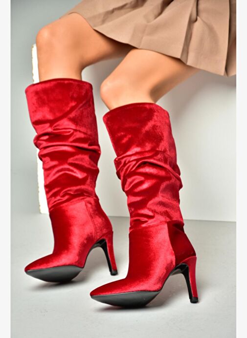 L404868039 Bordo Kadife İnce Topuklu Kadın Çizme - Görsel 3