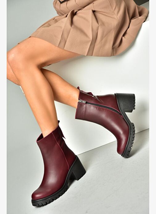R654006503 Bordo Hakiki Deri Kalın Topuklu Kadın Bot - Görsel 4