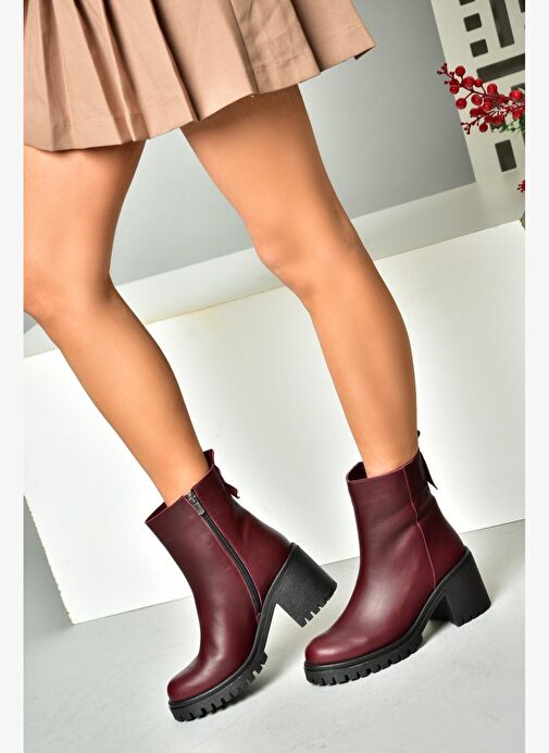R654006503 Bordo Hakiki Deri Kalın Topuklu Kadın Bot - Görsel 2