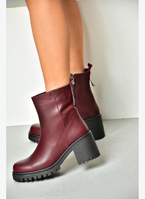 R654006503 Bordo Hakiki Deri Kalın Topuklu Kadın Bot - Görsel 5