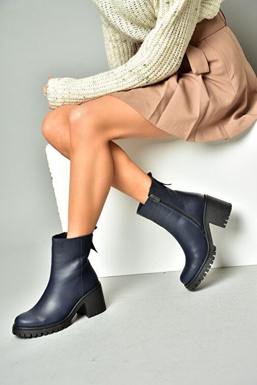 R654006503 Lacivert Hakiki Deri Kalın Topuklu Kadın Bot - Görsel 5