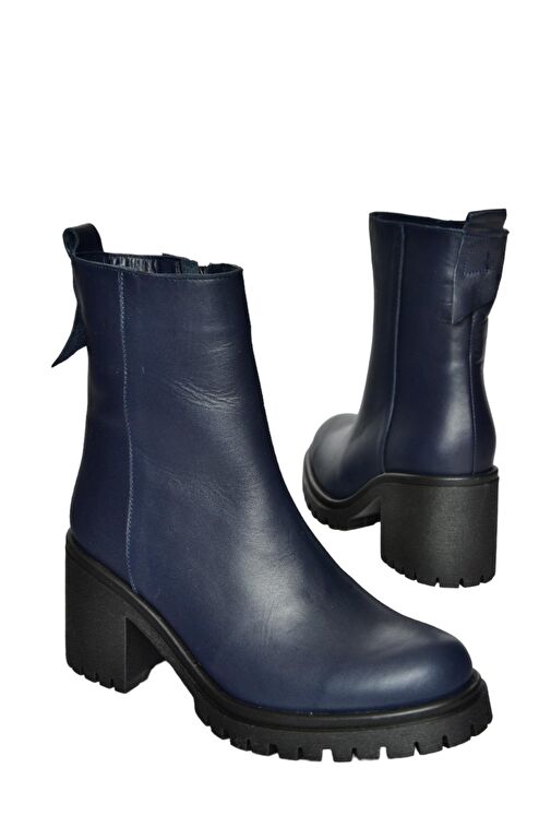 R654006503 Lacivert Hakiki Deri Kalın Topuklu Kadın Bot - Görsel 9