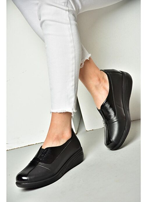 P555070503 Siyah Hakiki Deri Comfort Ortopedik Taban Kadın Ayakkabı - Görsel 2