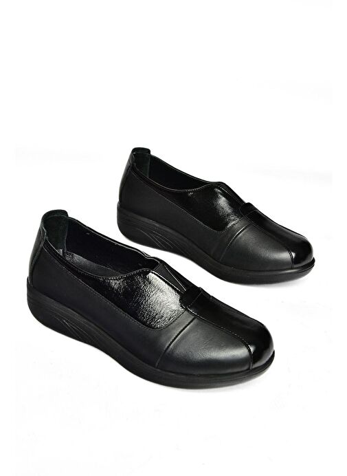 P555070503 Siyah Hakiki Deri Comfort Ortopedik Taban Kadın Ayakkabı - Görsel 7