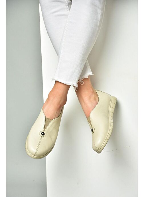 P555081203 Bej Hakiki Deri Comfort Ortopedik Taban Kadın Ayakkabı - Görsel 2