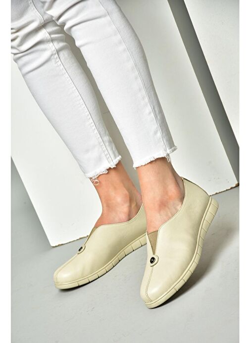 P555081203 Bej Hakiki Deri Comfort Ortopedik Taban Kadın Ayakkabı - Görsel 3