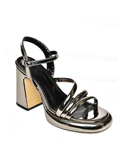 S569020234 Platin Ayna Kalın Topuklu Kadın Abiye Ayakkabı - Görsel 8