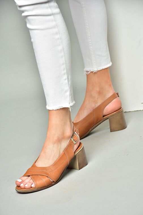 P555452203 Taba Hakiki Deri Kalın Topuklu Kadın Ayakkabı - Görsel 2