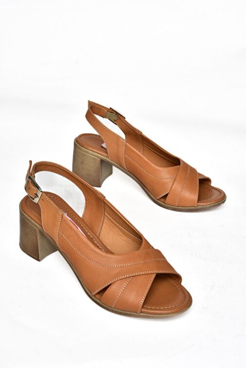 P555452203 Taba Hakiki Deri Kalın Topuklu Kadın Ayakkabı - Görsel 6