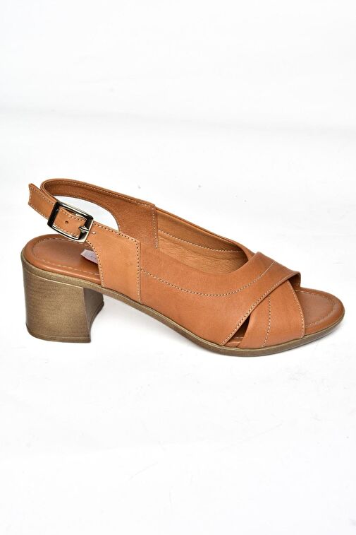 P555452203 Taba Hakiki Deri Kalın Topuklu Kadın Ayakkabı - Görsel 7