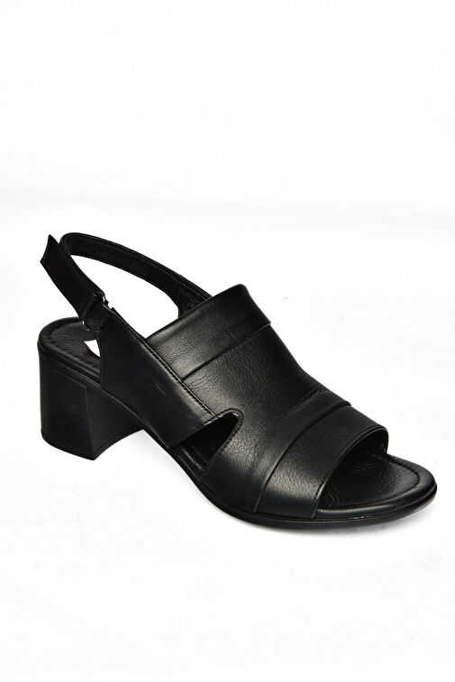 P555452303 Siyah Hakiki Deri Kalın Topuklu Kadın Sandalet - Görsel 5