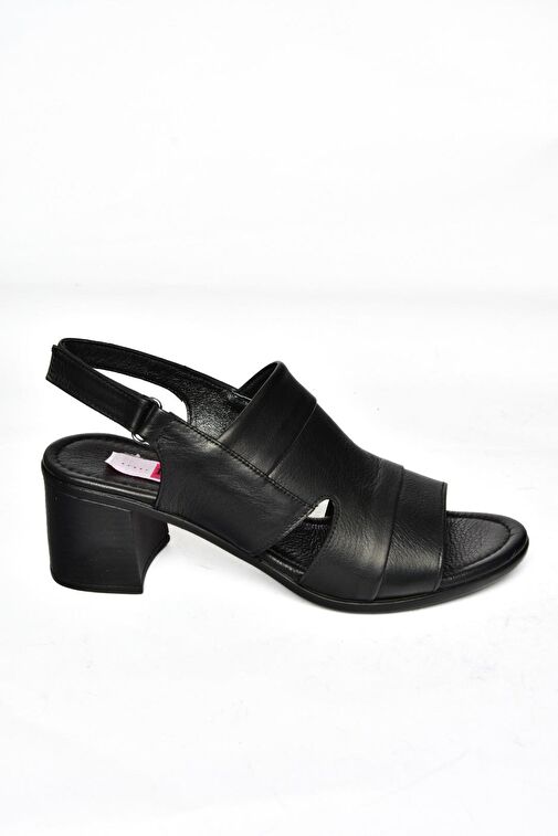 P555452303 Siyah Hakiki Deri Kalın Topuklu Kadın Sandalet - Görsel 6