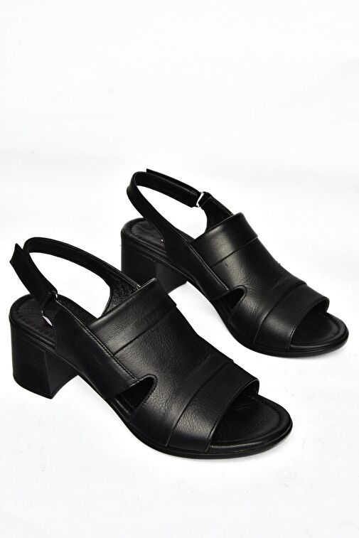 P555452303 Siyah Hakiki Deri Kalın Topuklu Kadın Sandalet - Görsel 7