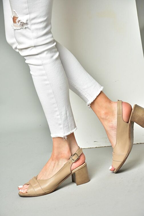 P555452903 Vizon Hakiki Deri Kalın Topuklu Kadın Sandalet - Görsel 2