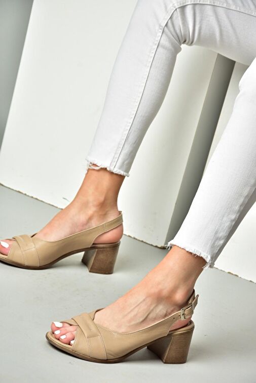 P555452903 Vizon Hakiki Deri Kalın Topuklu Kadın Sandalet - Görsel 4