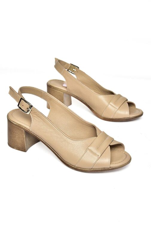 P555452903 Vizon Hakiki Deri Kalın Topuklu Kadın Sandalet - Görsel 6