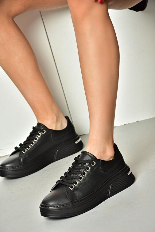 P555020003 Siyah Hakiki Deri Kadın Spor Ayakkabı Sneakers - Görsel 3