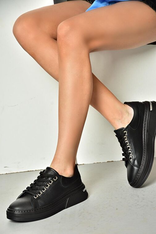 P555020003 Siyah Hakiki Deri Kadın Spor Ayakkabı Sneakers - Görsel 4