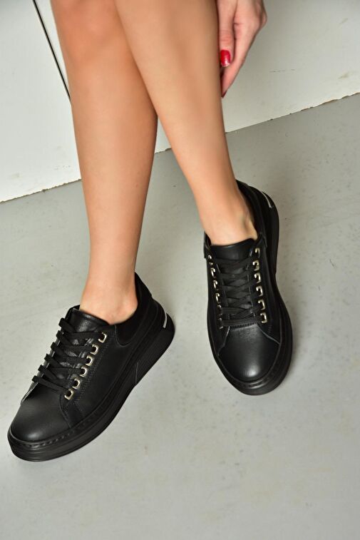 P555020003 Siyah Hakiki Deri Kadın Spor Ayakkabı Sneakers - Görsel 5