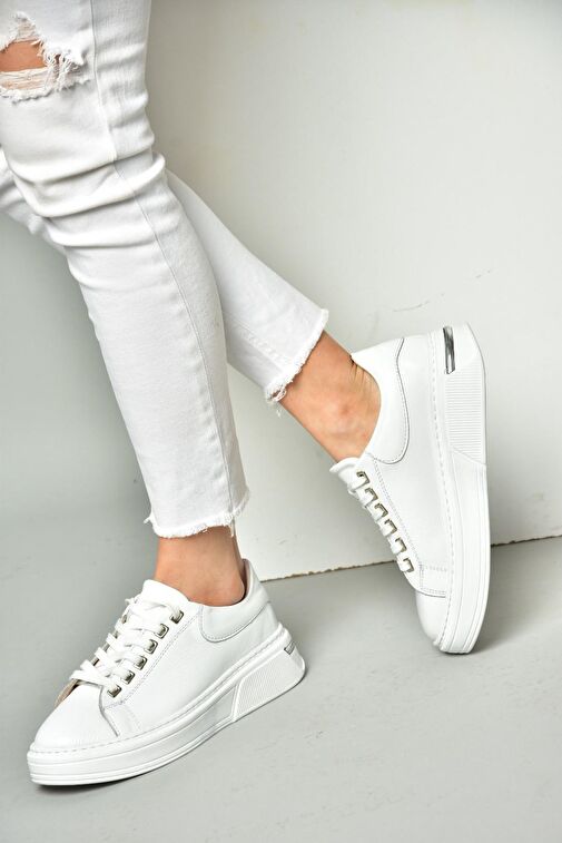 P555020003 Beyaz Hakiki Deri Kadın Spor Ayakkabı Sneakers - Görsel 2