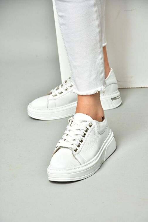 P555020003 Beyaz Hakiki Deri Kadın Spor Ayakkabı Sneakers - Görsel 3