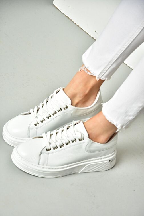 P555020003 Beyaz Hakiki Deri Kadın Spor Ayakkabı Sneakers - Görsel 4