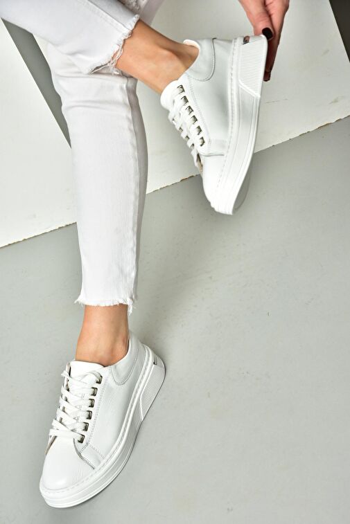 P555020003 Beyaz Hakiki Deri Kadın Spor Ayakkabı Sneakers - Görsel 5