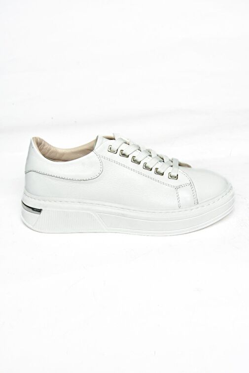 P555020003 Beyaz Hakiki Deri Kadın Spor Ayakkabı Sneakers - Görsel 7