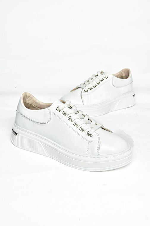 P555020003 Beyaz Hakiki Deri Kadın Spor Ayakkabı Sneakers - Görsel 8