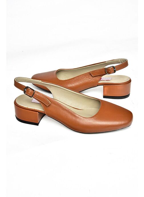 S908040003 Taba Hakiki Deri Kalın Topuklu Kadın Ayakkabı - Görsel 4