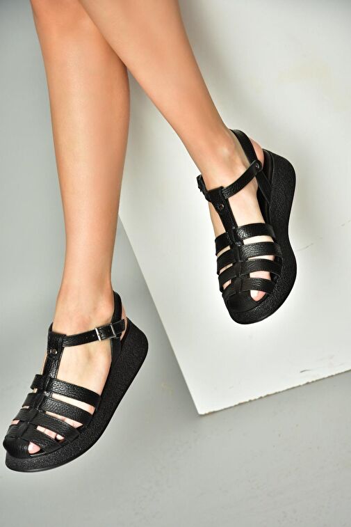 P555050503 Siyah Hakiki Deri Kalın Tabanlı Sandalet - Görsel 6