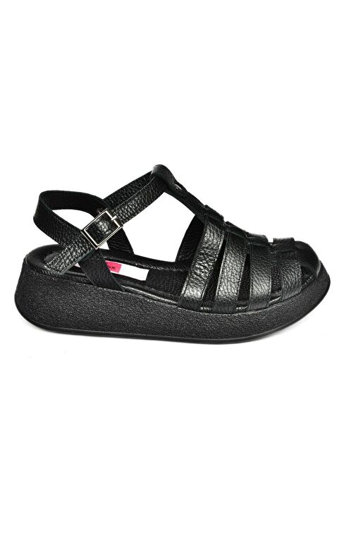 P555050503 Siyah Hakiki Deri Kalın Tabanlı Sandalet - Görsel 8