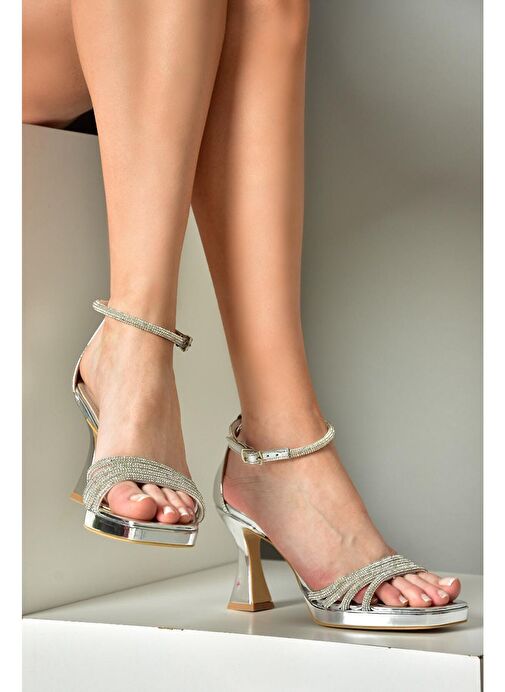 S569314634 Gümüş Ayna Kalın Topuklu Kadın Abiye Ayakkabı - Görsel 3