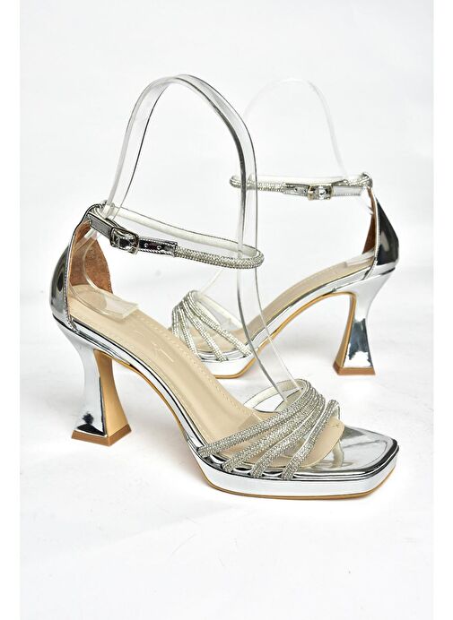 S569314634 Gümüş Ayna Kalın Topuklu Kadın Abiye Ayakkabı - Görsel 6